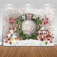 Large Merry Christmas Backdrop - White Brick Wall for Photography (7X5Ft)