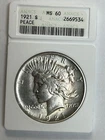 1921 Peace Dollar High Relief  ANACS MS60 Old Soap Box