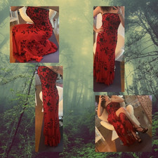 Cache Red Black Beaded Embroidered Floral Strapless Long Evening Gown 