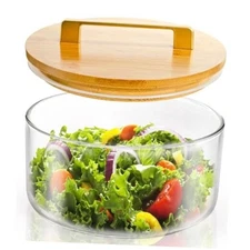  Glass Trifle Bowl, 8 Inch Clear Salad Bowl with Bamboo Lid, 85 Oz Large 