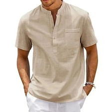 Herren Baumwoll-Leinen Hemd Henley-Ausschnitt...
