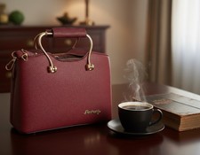 Women’s Red  Faux Leather Handbag Medium Satchel Gold Handles Charm Elegant