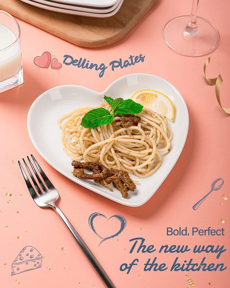 Heart Shaped Plates 6 Pack 7.3 In Ceramic White Dinner Dishes Microwave Safe - Image 4 of 4