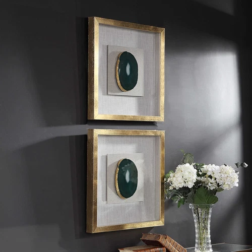 TWO MODERN KEEVA XXL 20" EMERALD GREEN AGATE STONE SHADOW BOXES UTTERMOST 04187 - Picture 2 of 7