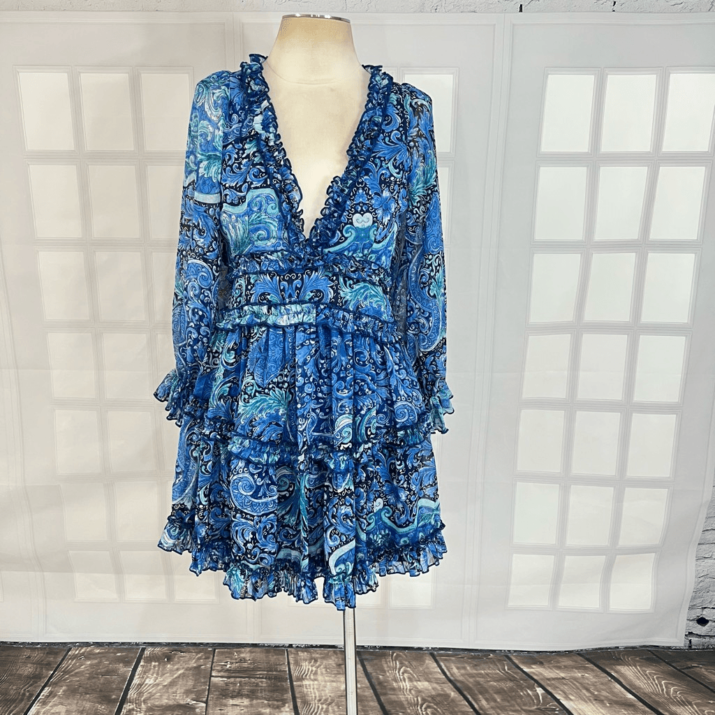 Luxxel Women's Floral Blue Ruffled Trim Open Back Mini Dress Size L | eBay
