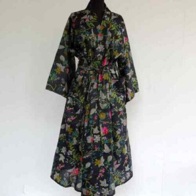 Indian Print Maxi Black Cotton Gown Lingerie Boho Beach Floral Kimono Robes