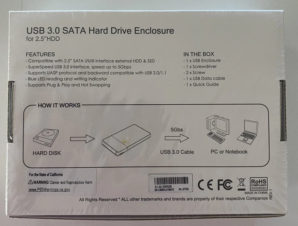 SATA to USB 3.0 External Hard Drive Enclosure for 2.5inch WAVLINK WL-ST235 - Image 2 of 3
