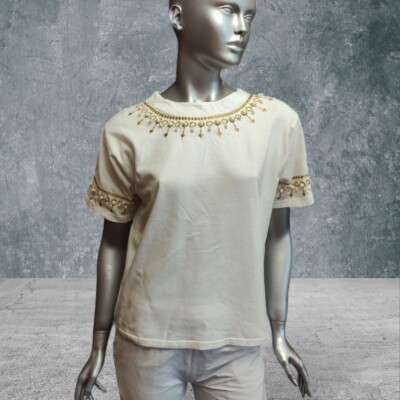 MONDI WOMEN BLOUSE T-SHIRT White Embroidery Pearl LUXURY Style Vintage Size 38