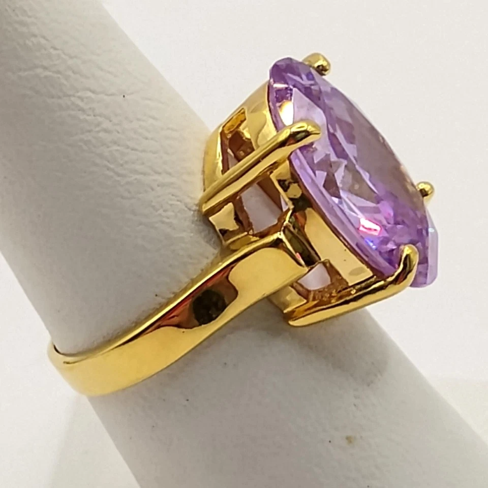 Women's Gold Plated Amethyst Ring Size 8.5 Cocktail Statement Oval Cut Faceted - Image 2 of 4