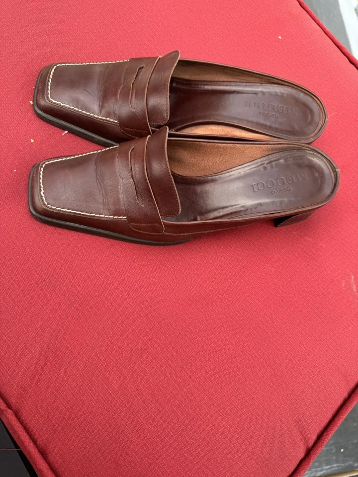 Mocasines de cuero Sesto Meucci Mule talla 7 1/2 suela de goma marrón de colección hechos en Italia Foto 4 de 4