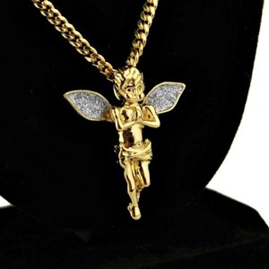 Authentic 14k Gold Plated Micro Pendant Necklace Stardust Wings 30" Cuban Link Chain