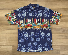 Vintage Chevron Men's Hawaiian Button Shirt FITS LARGE Cars Blue Floral 90s Y2K