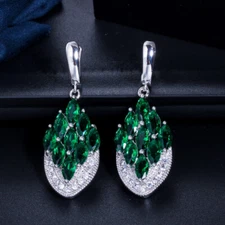 Silver Plated Green Cubic Zirconia Women Long Dangle Huggie Leaf Drop Earrings 