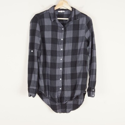Sundry Long Sleeve Black Gray Roll Tab Flannel Plaid Button Shirt Sz 1 / S