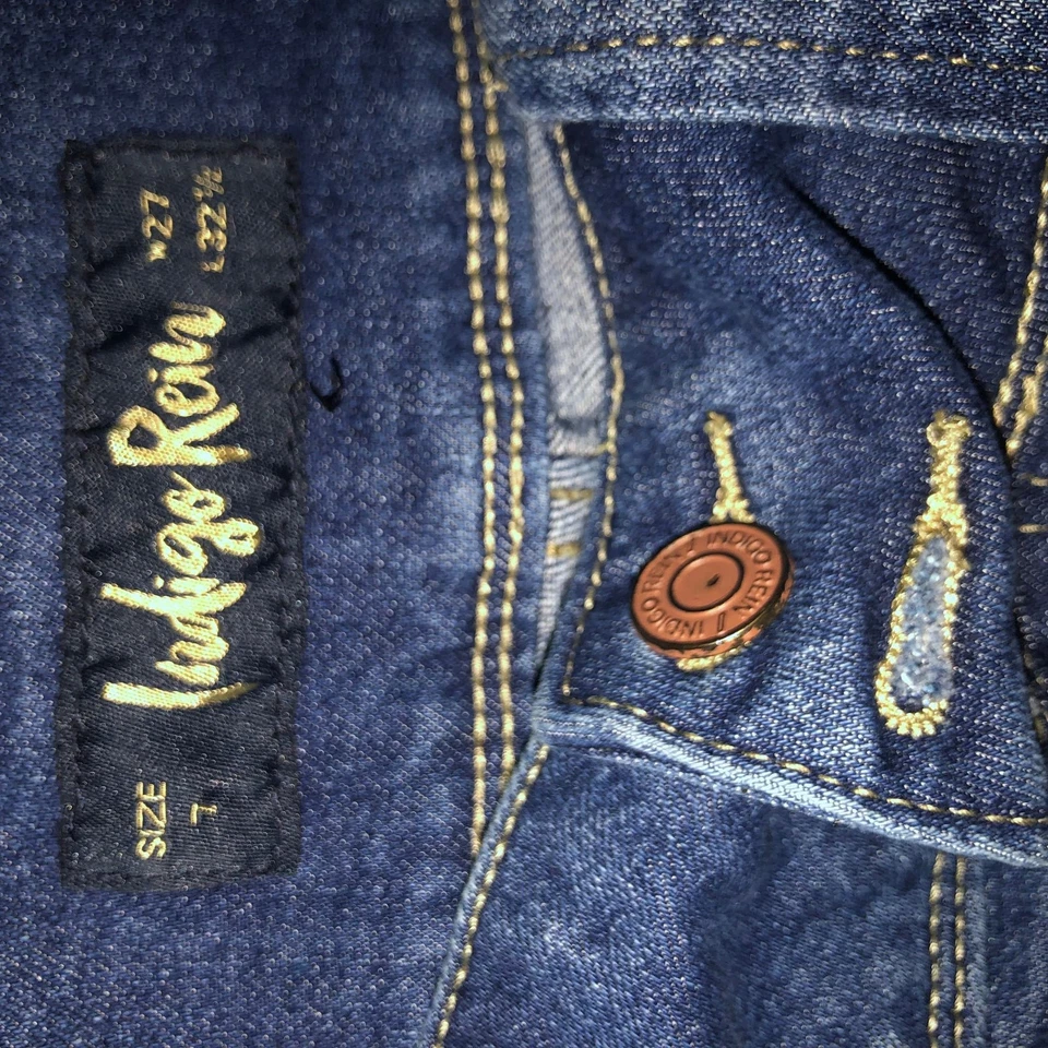 Pantalones de mezclilla acampanados Indigo Rein desgastados lavado oscuro, cintura alta, talla 7 Foto 3 de 4