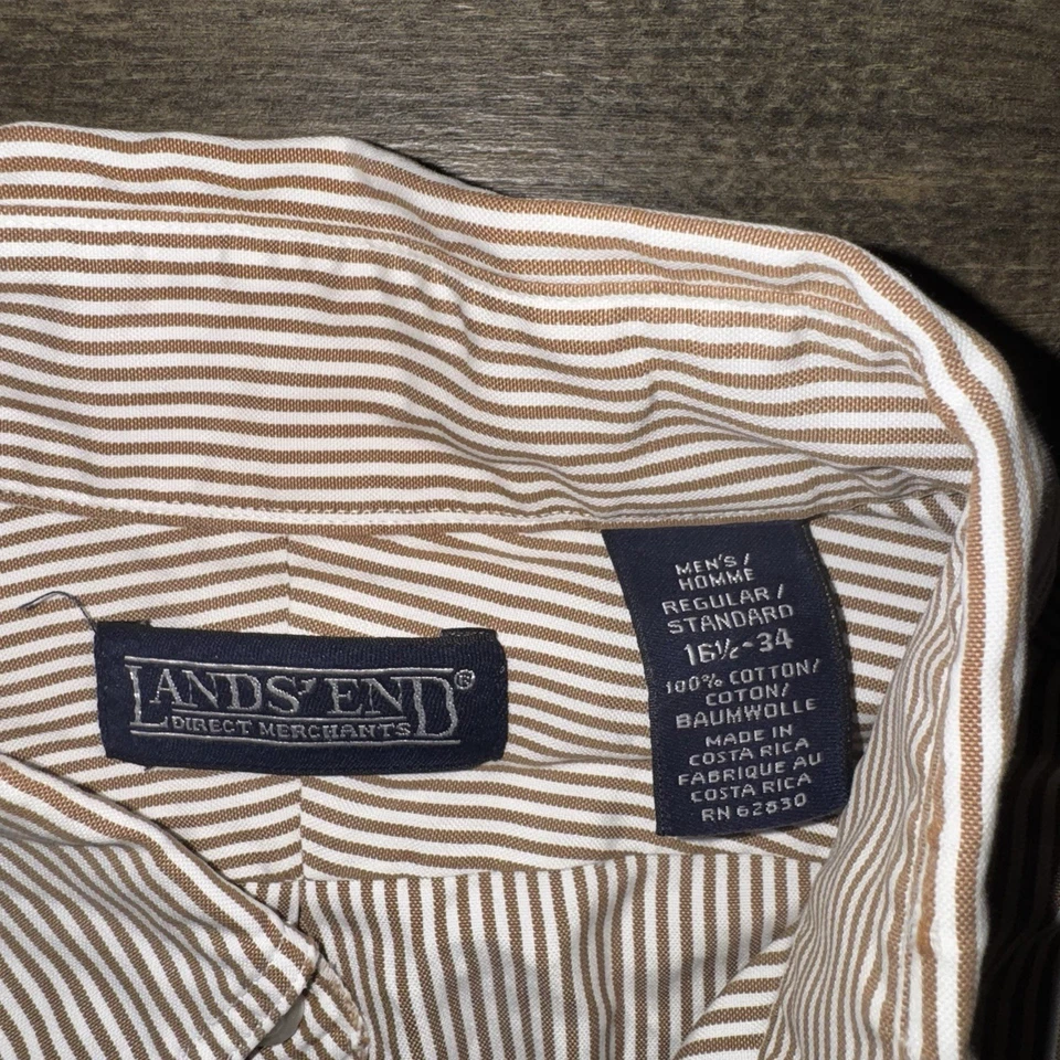 Lands' End Mens Dress Shirt Oxford Button Down Long Sleeves Striped Beige XL - Image 3 of 4