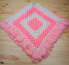 Hand Knit Granny Square Shawl, Cape, Wrap With Fringe Small Pink White Vintage