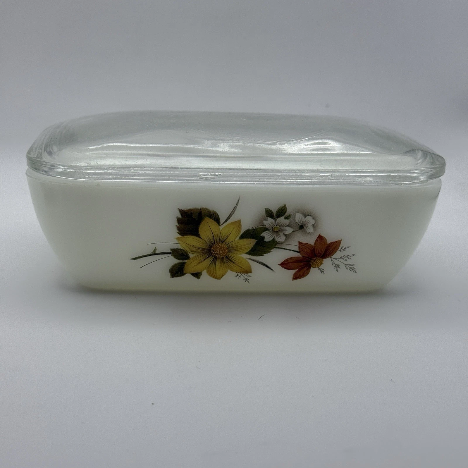 Vintage Retro Pyrex Autumn Glory Glass Butter Dish & Lid 70s JAJ Made In England