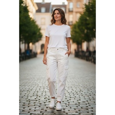 Talbots White Cotton Cargo Jogger Pants Women Size 12 Ribbed Waistband Pockets