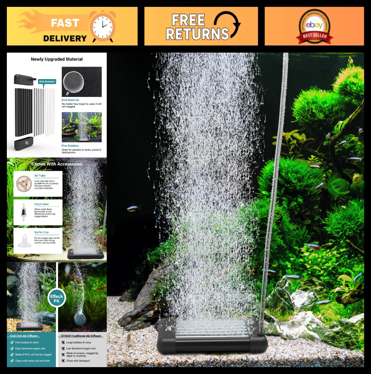 Aquarium Air Stone Bubbler for Nano Fish Tanks, EVA Material, Hydroponics Use