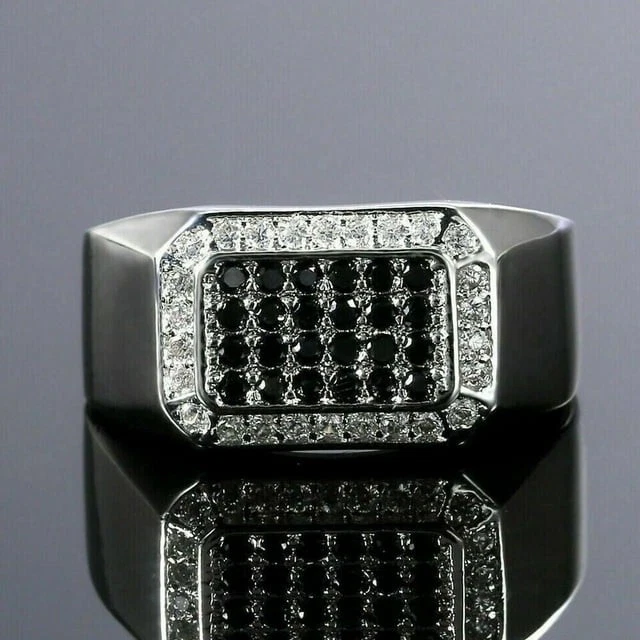 Anillo de banda de diamantes negros creado en laboratorio de corte redondo de 2,00 quilates enchapado en oro blanco de 14 quilates para hombre Foto 4 de 4