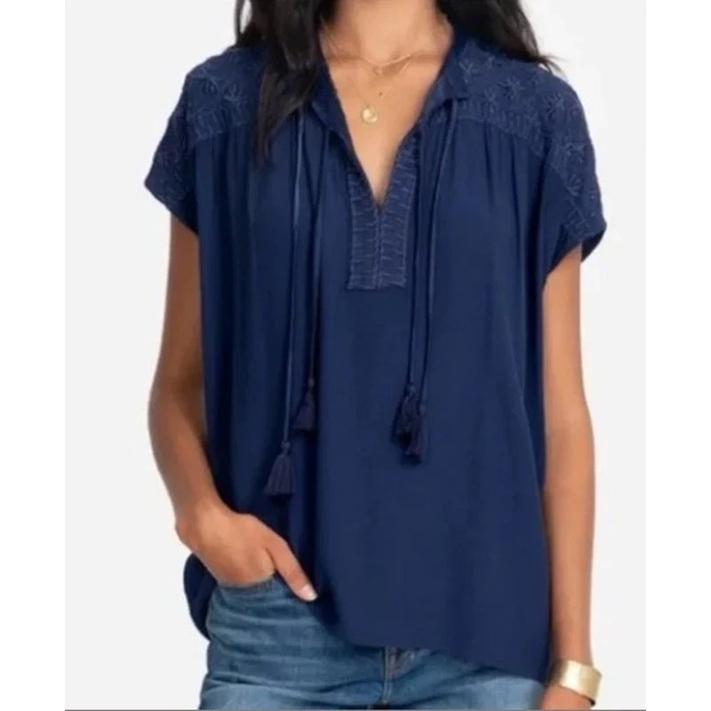 Johnny Was Calme Blue-Nights Top M B54" fit XL,1X? Cotton Gauze,Whipstitch Edges image 4