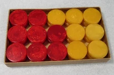 1940s Vintage Boxed Set 30 Bakelite Backgammon Chips Red & Butterscotch Swirl