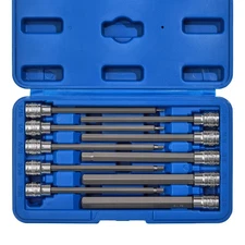 3/8 Drive Extra Long Allen Hex Bit Socket Set, S2&cr V, Sae, 10 Pieces, 1/16 Inc