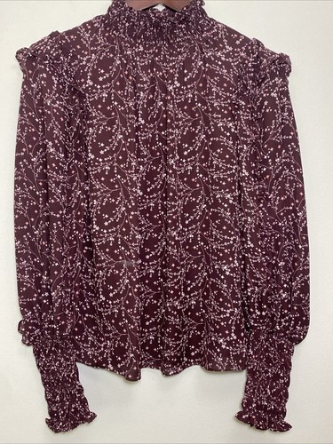 Max Studio Größe mittlere Rüschenbluse gesmockter Hals & Ärmel in Burgund Boho