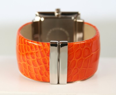 Red Orange Patterned Square Dial Women\'s Watch by Pedre Watch. Retro 1940 Rectangular Watch 14k Mesh Band Refinished Orange  main image 4