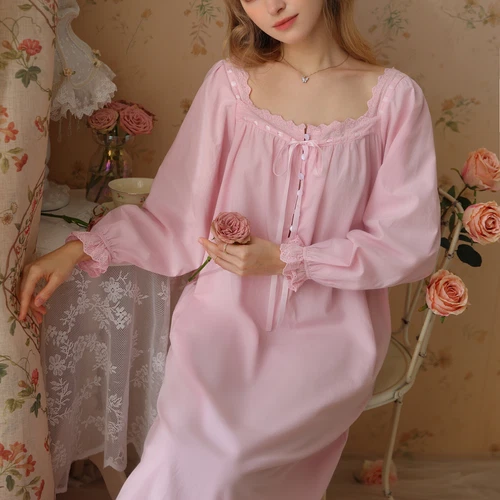 Women's Cotton Nightgown Princess Square Neck Long Sleeve Sleep Dress - Picture 16 of 53
