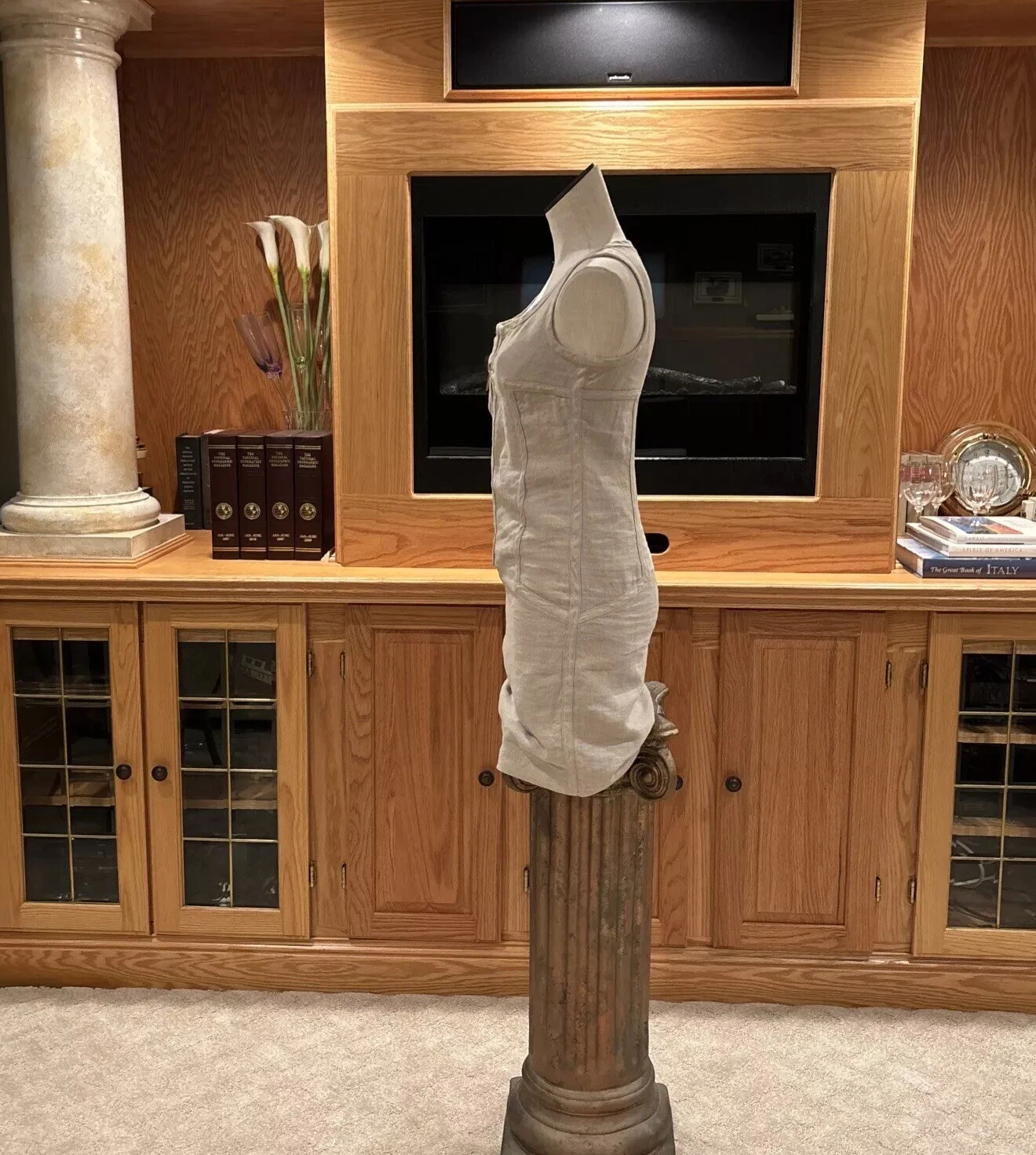 Abito Michael Kors foderato in lino naturale senza maniche aderente con cerniera davanti taglia 0