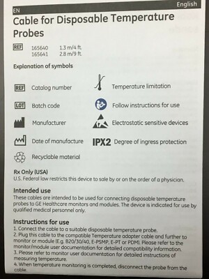 GE Cable for Disposable Temperature Probes 400 Series 9ft 165641