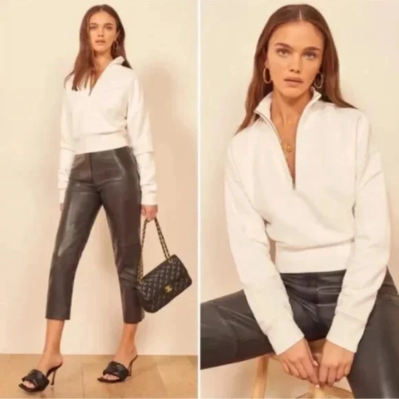 NEW REFORMATION MARLA Half Zip Sweatshirt in VINTAGE WHITE L