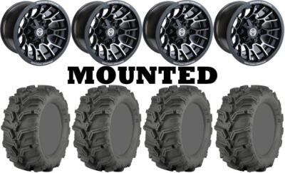 Kit 4 ITP Mud Lite XTR Tires 27x9-12 on Moose 24X Black Wheels CAN