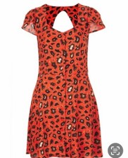 TOPSHOP VINTAGE TEA DRESS. ANIMAL PRINT.BURNT ORANGE. CELEBRITY WORN.SIZE 8 TALL
