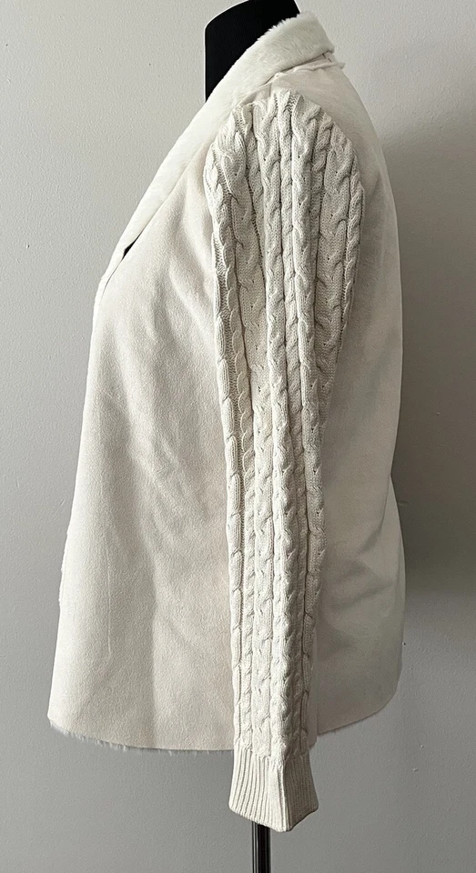 Cardigã aberto Gaby & Eden pele sintética malha cabo camurça suéter creme tamanho M mobwife - Imagem 4 de 4