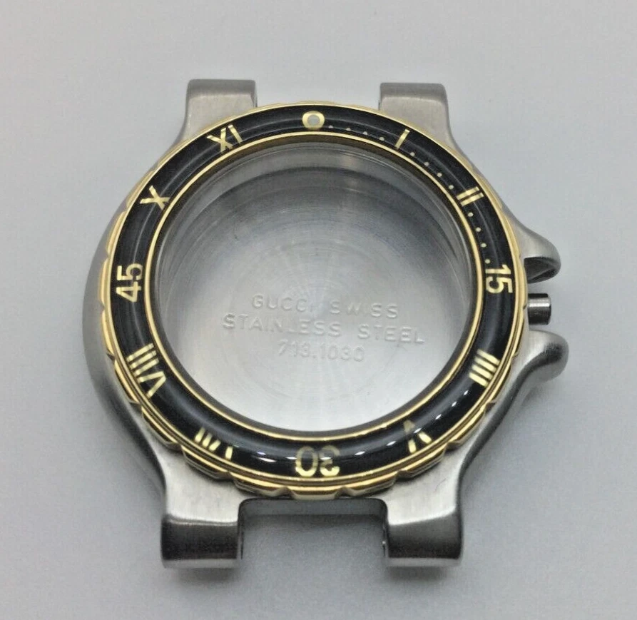 NOS GUCCI 9700L BICOLORE BOÎTIER DE MONTRE COMPLET AVEC LUNETTE NOIRE
