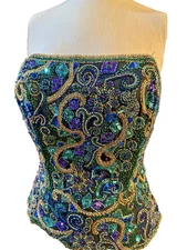 OLEG CASSINI Vintage Black Tie Heavily Beaded Silk Bustier Corset Top Medium