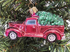 Truck with Tree Old World Christmas Ornament, Hand Painted Blown Glass Vehicle