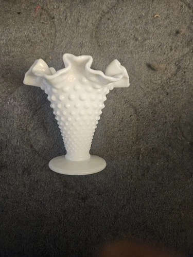 Vintage Fenton White Milk Glass Hobnail 7.5”  Trumpet Vase Ruffled Edge..