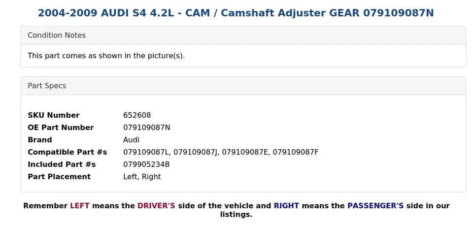 AUDI S4 2004-2009 4,2 L - LEVA / árbol de levas ajustador engranaje 079109087n Foto 3 de 4