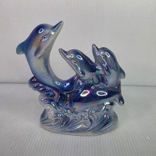 Vintage Opalescent 3 Dolphin Figurine Ceramic Glaze Wave 6" Tall 90s
