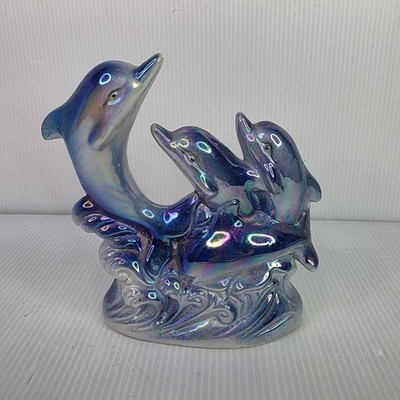 Vintage Opalescent 3 Dolphin Figurine Ceramic Glaze Wave 6'' Tall 90s