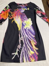 SAY Black Floral Dress Parrot Bird Print Bodycon Sheath Size 38 Long Sleeve