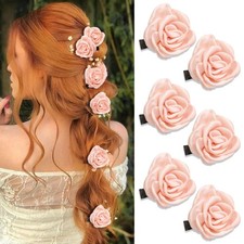 6PCS Pink Flower Hair Clips Small Satin Rose Hair Pins Elegant Hair Flowers C