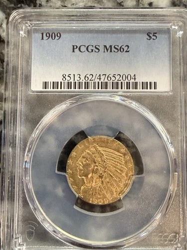 1909 P $5 Indian Head Gold Half Eagle PCGS Graded MS62 - Beautiful Coin