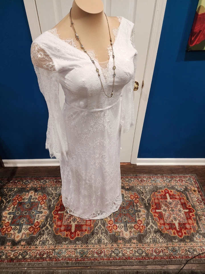 Floral Lace Boho Wedding Dress, Long Bell Sleeves, V-Neck With Sweep Train - Image 2 of 4