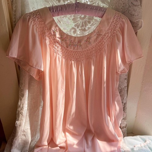 Vintage 1970s Rose Pink Flutter Sleeve Smocking Floral Embroidered Slip Dress M