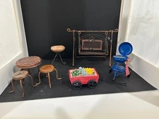 DOLL HOUSE PATIO FURNITURE ,SWING, GRILL AND TABLE AND CHAIRS, FLOWER CART
